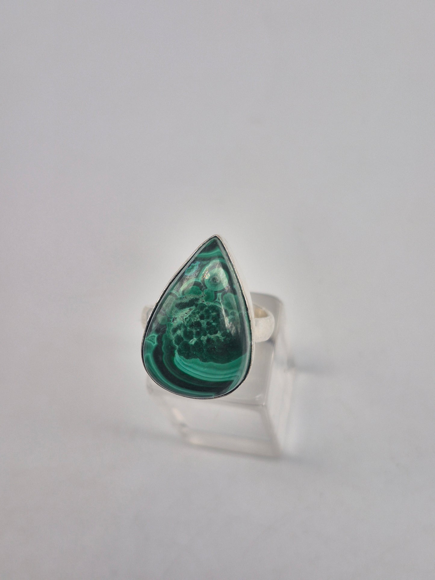 Malachite Adjustable Ring – Silver Plated Green Cabochon - Healing Crystal Jewelry