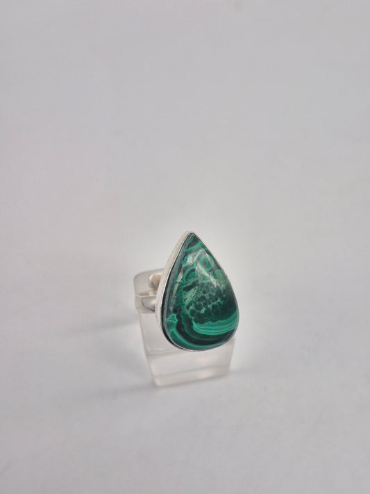 Malachite Adjustable Ring – Silver Plated Green Cabochon - Healing Crystal Jewelry