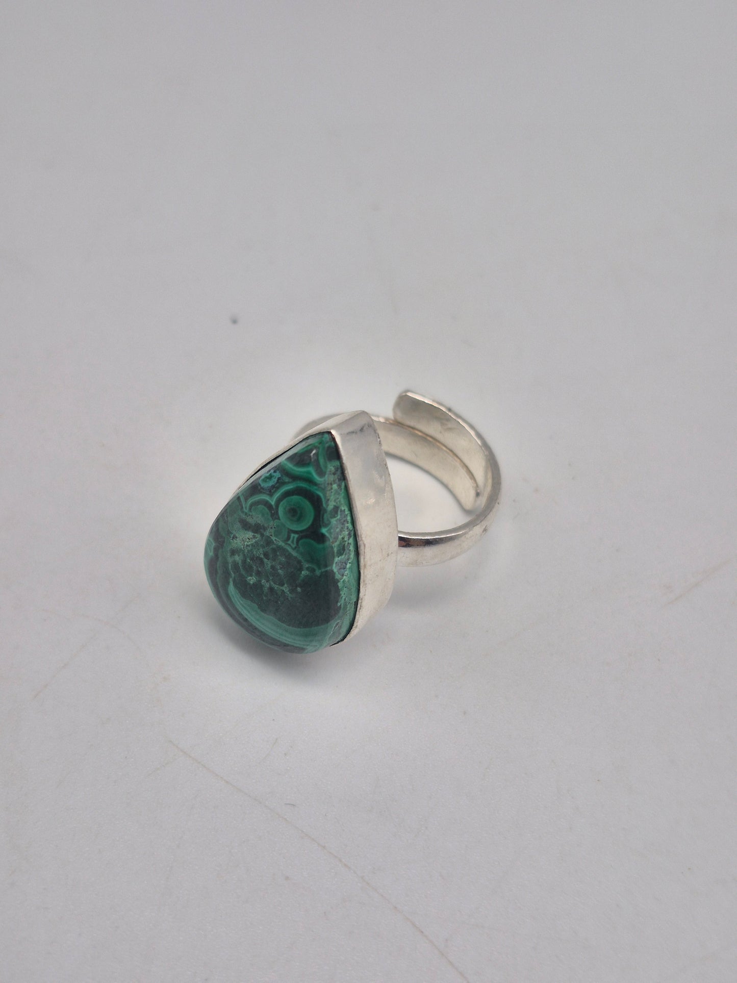 Malachite Adjustable Ring – Silver Plated Green Cabochon - Healing Crystal Jewelry