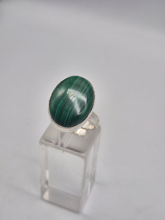 Malachite Adjustable Ring – Silver Plated Green Cabochon - Healing Crystal Jewelry