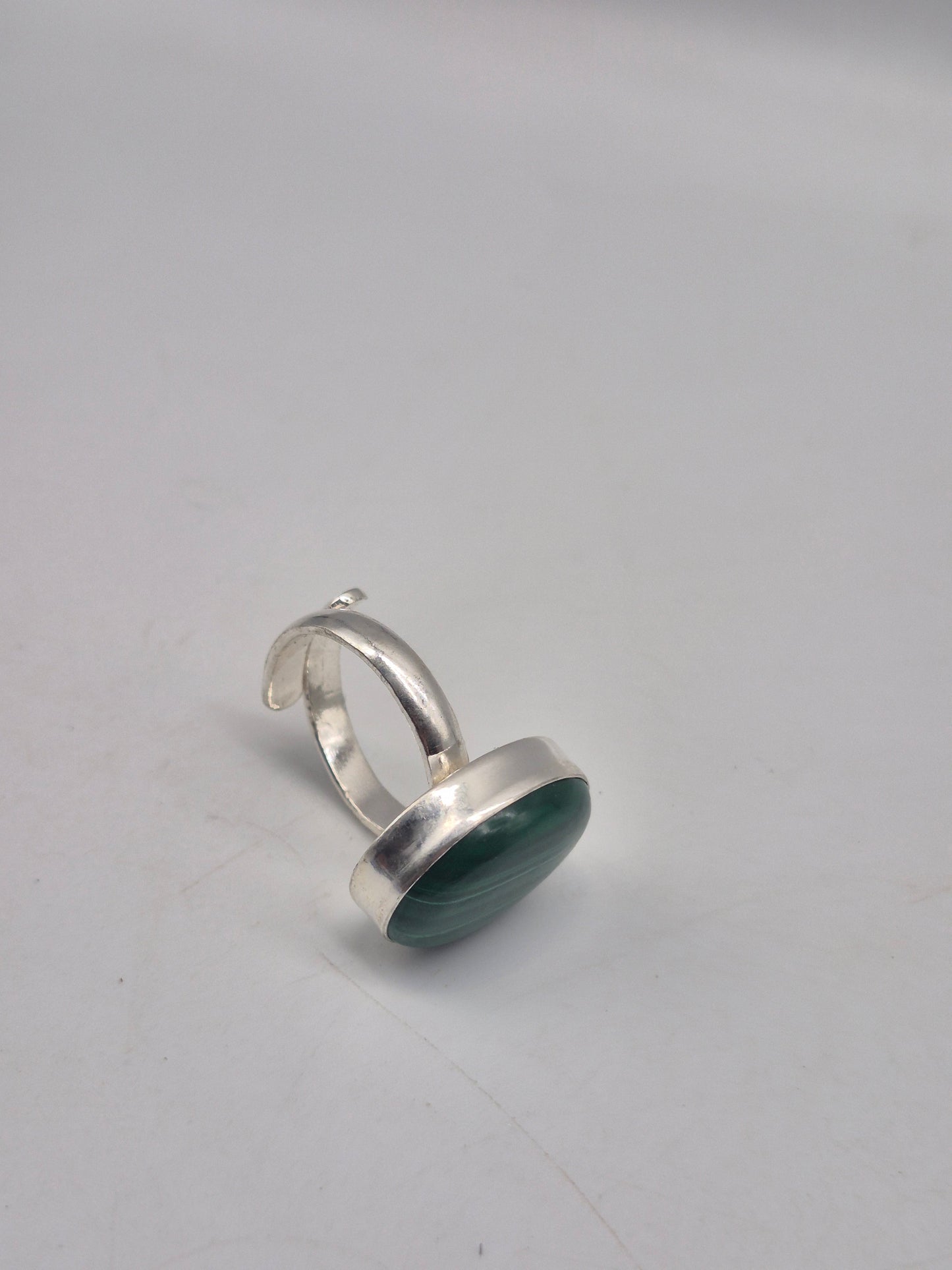 Malachite Adjustable Ring – Silver Plated Green Cabochon - Healing Crystal Jewelry