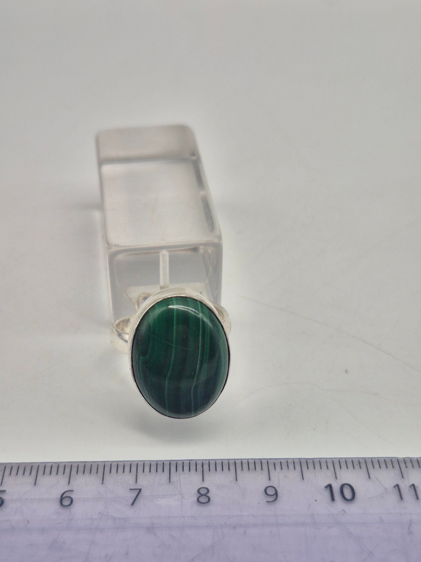 Malachite Adjustable Ring – Silver Plated Green Cabochon - Healing Crystal Jewelry