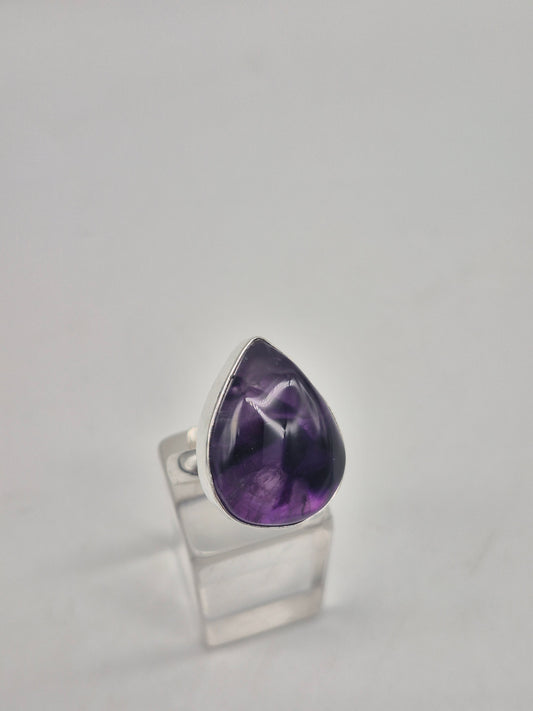Amethyst Adjustable Ring – Silver Plated Cabochon - Purple Healing Crystal Jewelry