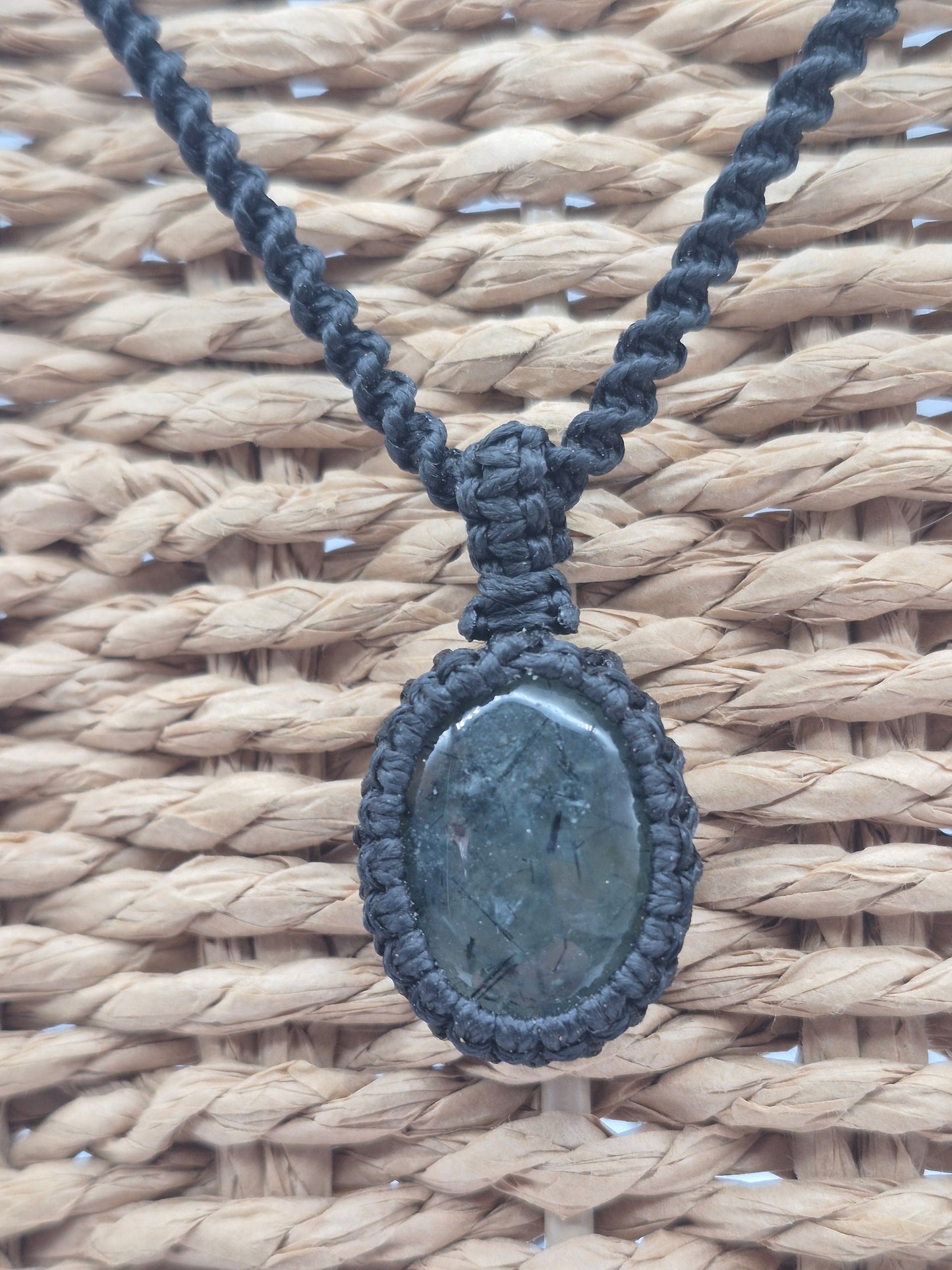 Tourmalinated Prehnite Macrame Necklace, Prehnite with green Tourmaline Handmade Woven Pendant