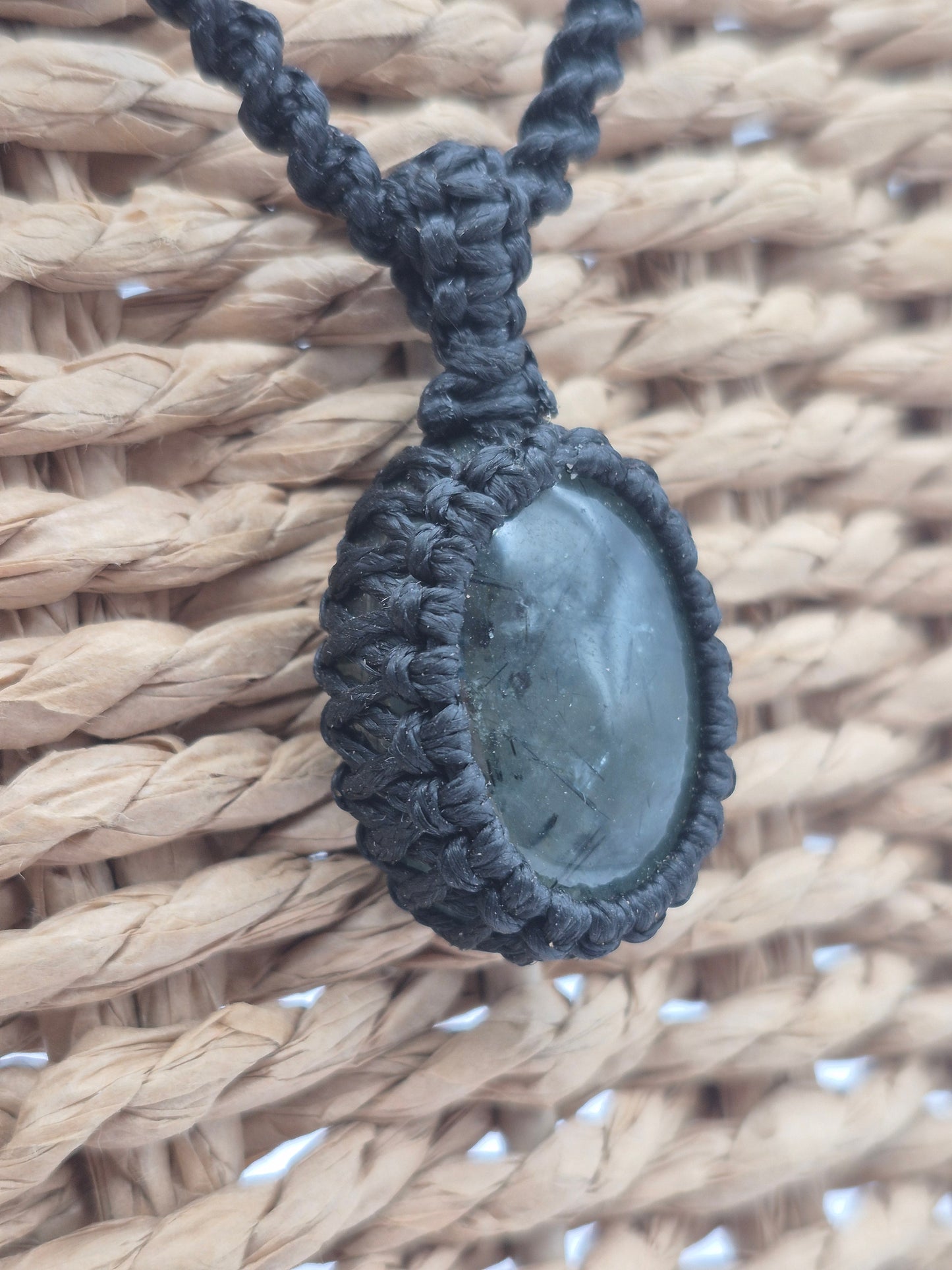 Tourmalinated Prehnite Macrame Necklace, Prehnite with green Tourmaline Handmade Woven Pendant
