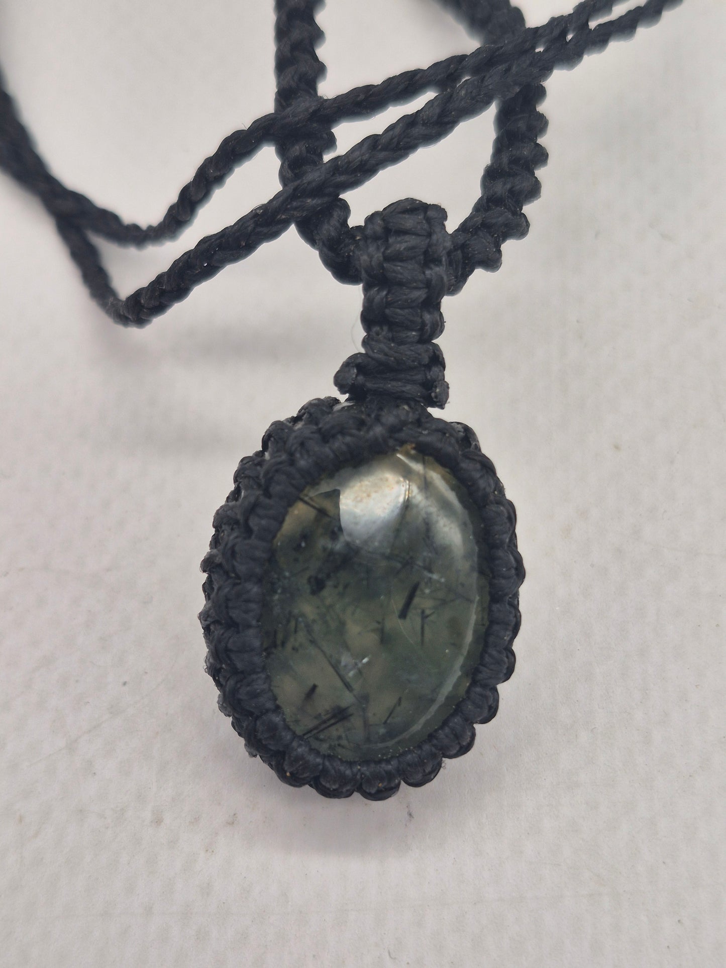Tourmalinated Prehnite Macrame Necklace, Prehnite with green Tourmaline Handmade Woven Pendant