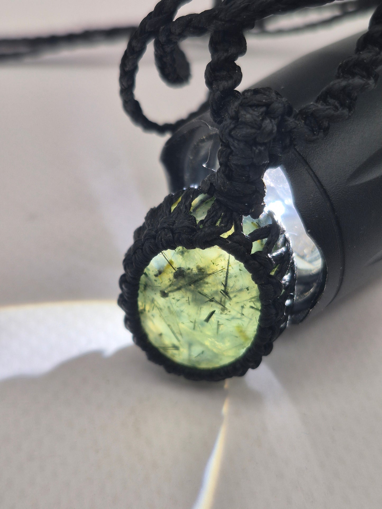 Tourmalinated Prehnite Macrame Necklace, Prehnite with green Tourmaline Handmade Woven Pendant