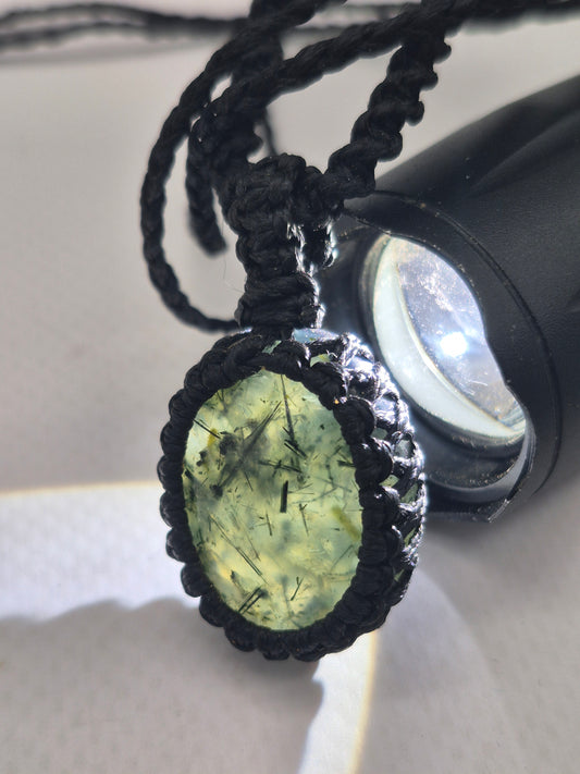 Tourmalinated Prehnite Macrame Necklace, Prehnite with green Tourmaline Handmade Woven Pendant