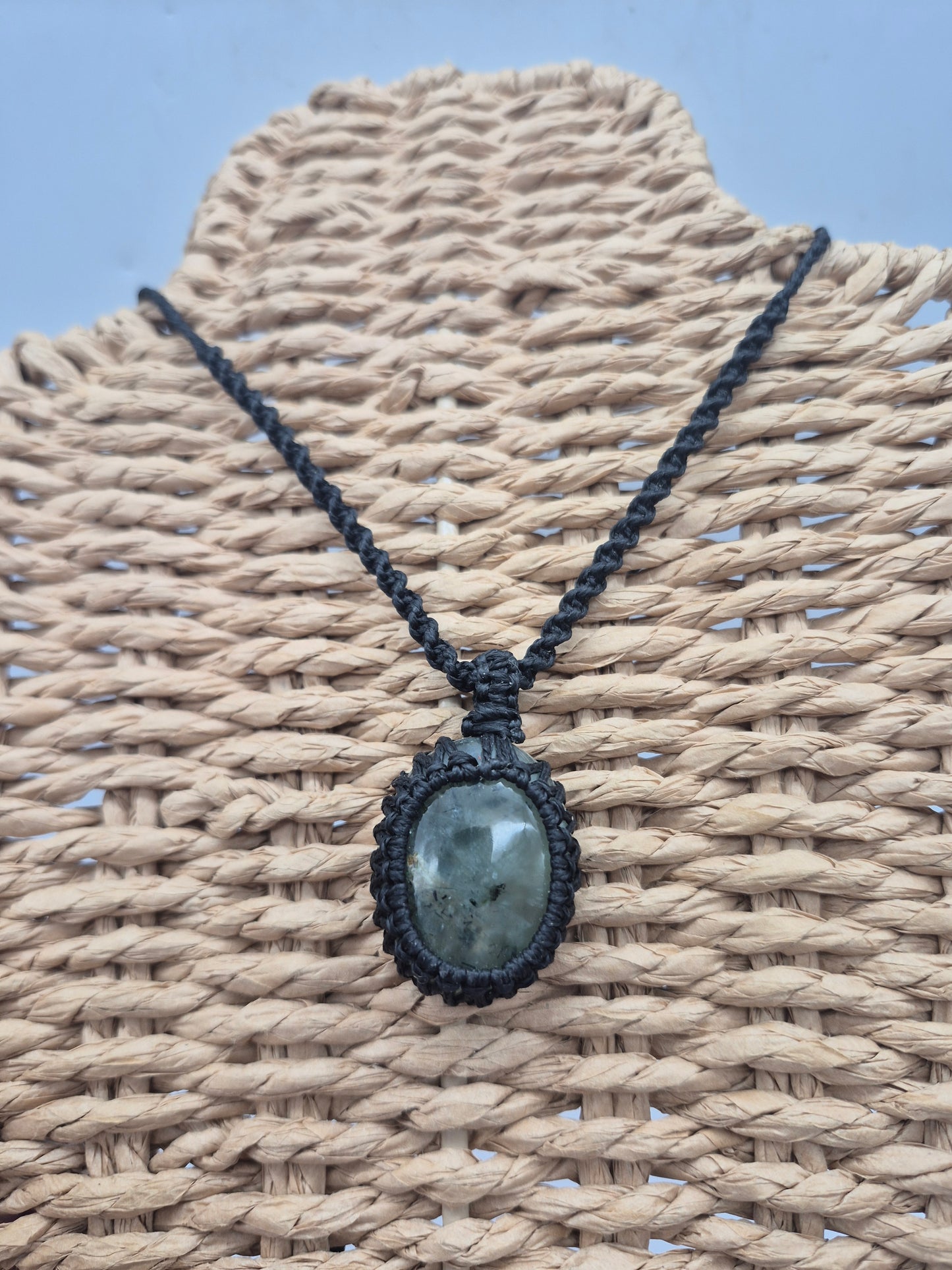Tourmalinated Prehnite Macrame Necklace, Prehnite with green Tourmaline Handmade Woven Pendant