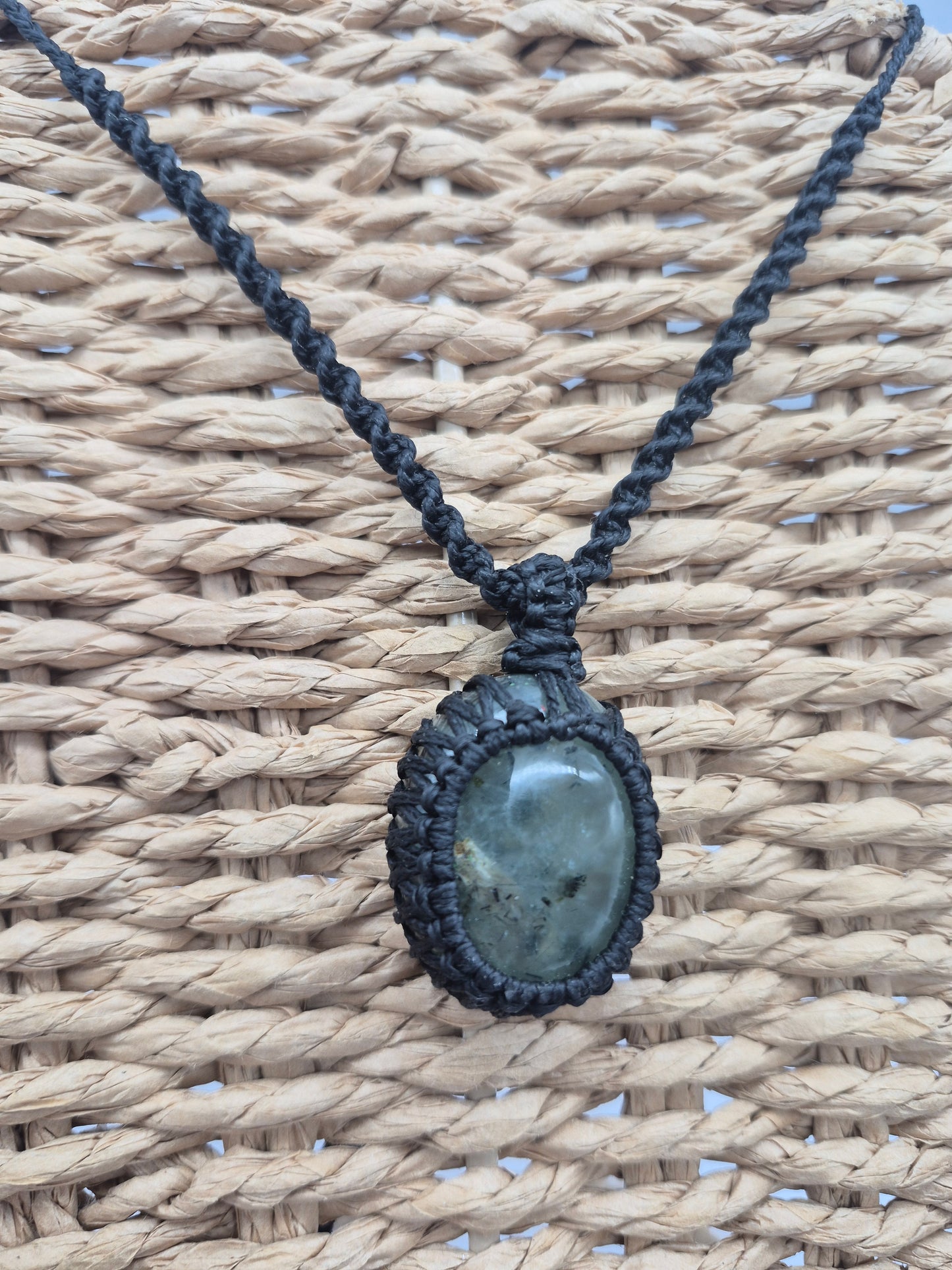 Tourmalinated Prehnite Macrame Necklace, Prehnite with green Tourmaline Handmade Woven Pendant