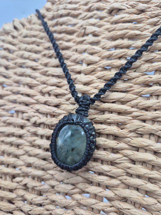 Tourmalinated Prehnite Macrame Necklace, Prehnite with green Tourmaline Handmade Woven Pendant