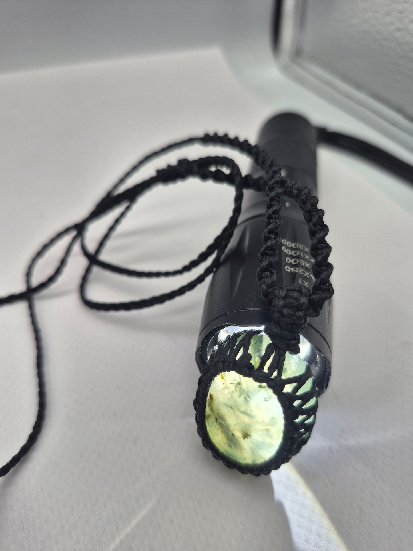Tourmalinated Prehnite Macrame Necklace, Prehnite with green Tourmaline Handmade Woven Pendant