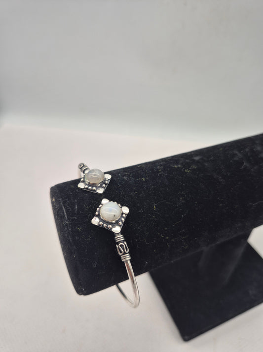 Silver Plated Moonstone Bangle Bracelet: Adjustable Crystal Torque