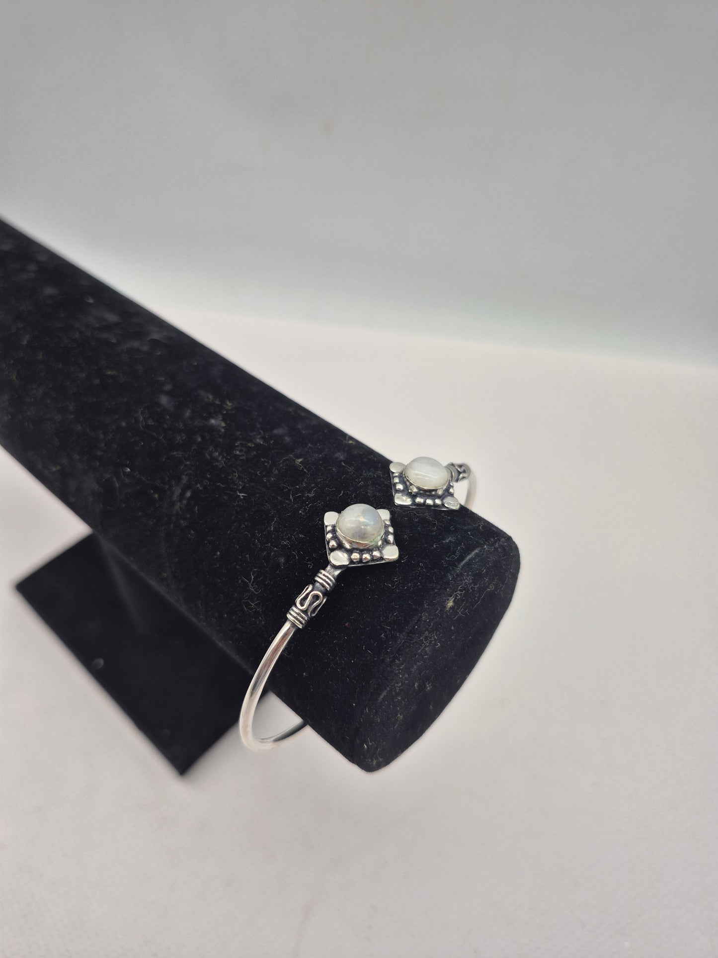 Silver Plated Moonstone Bangle Bracelet: Adjustable Crystal Torque