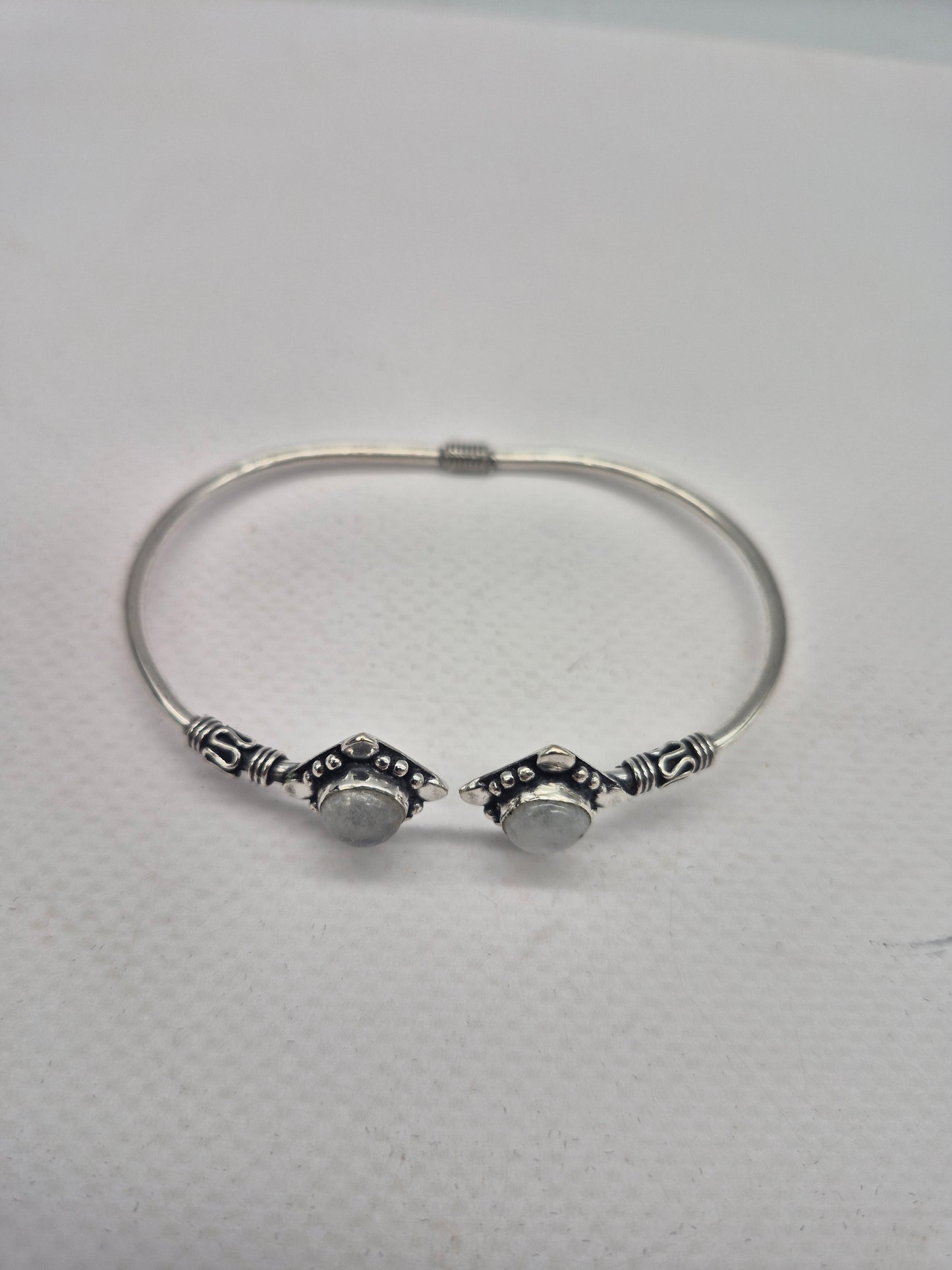 Silver Plated Moonstone Bangle Bracelet: Adjustable Crystal Torque