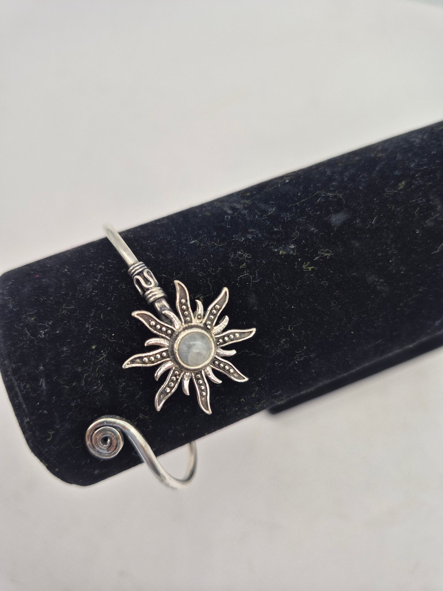 Silver Plated Moonstone Bangle Bracelet: Adjustable Crystal Torque
