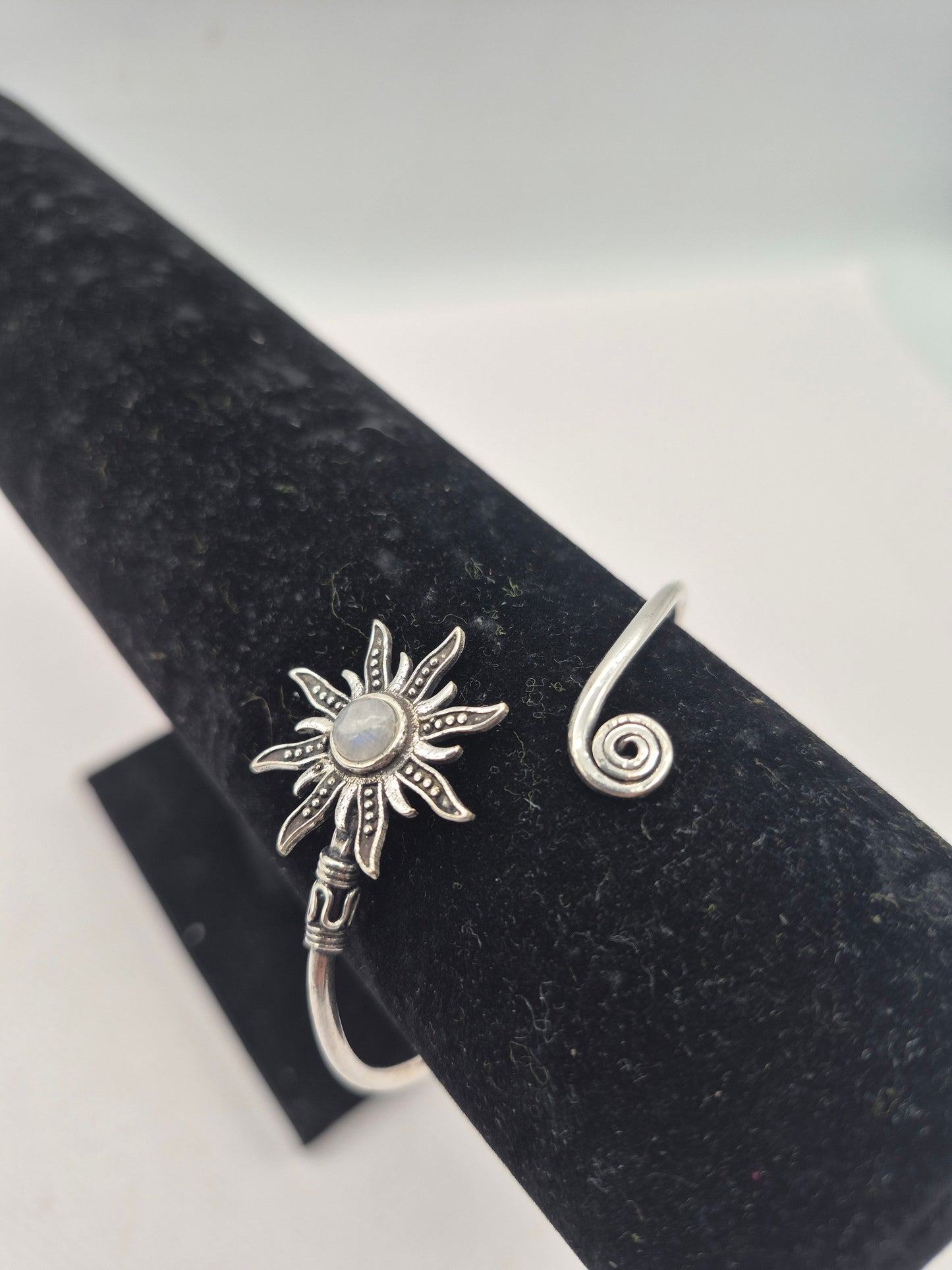 Silver Plated Moonstone Bangle Bracelet: Adjustable Crystal Torque