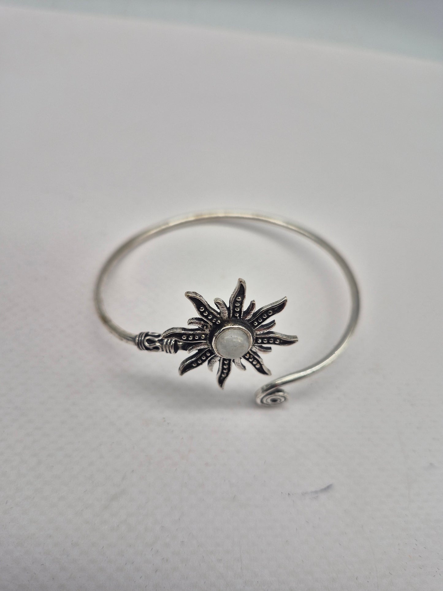 Silver Plated Moonstone Bangle Bracelet: Adjustable Crystal Torque