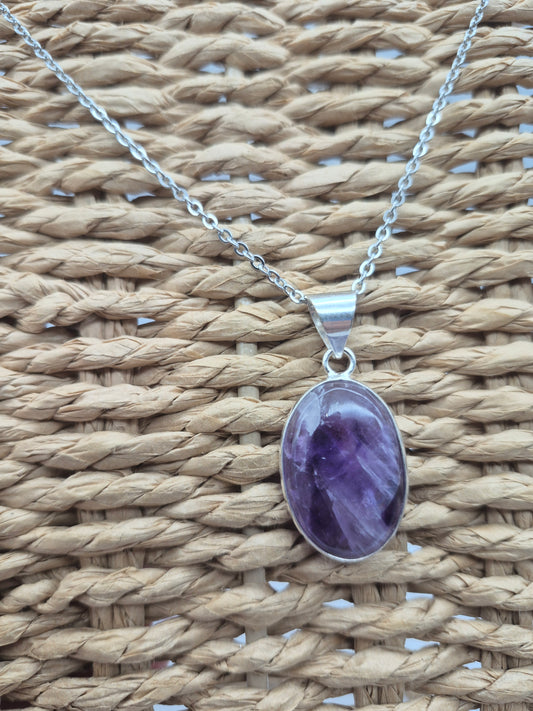 Natural Amethyst Silver Plated Necklace Oval Shaped