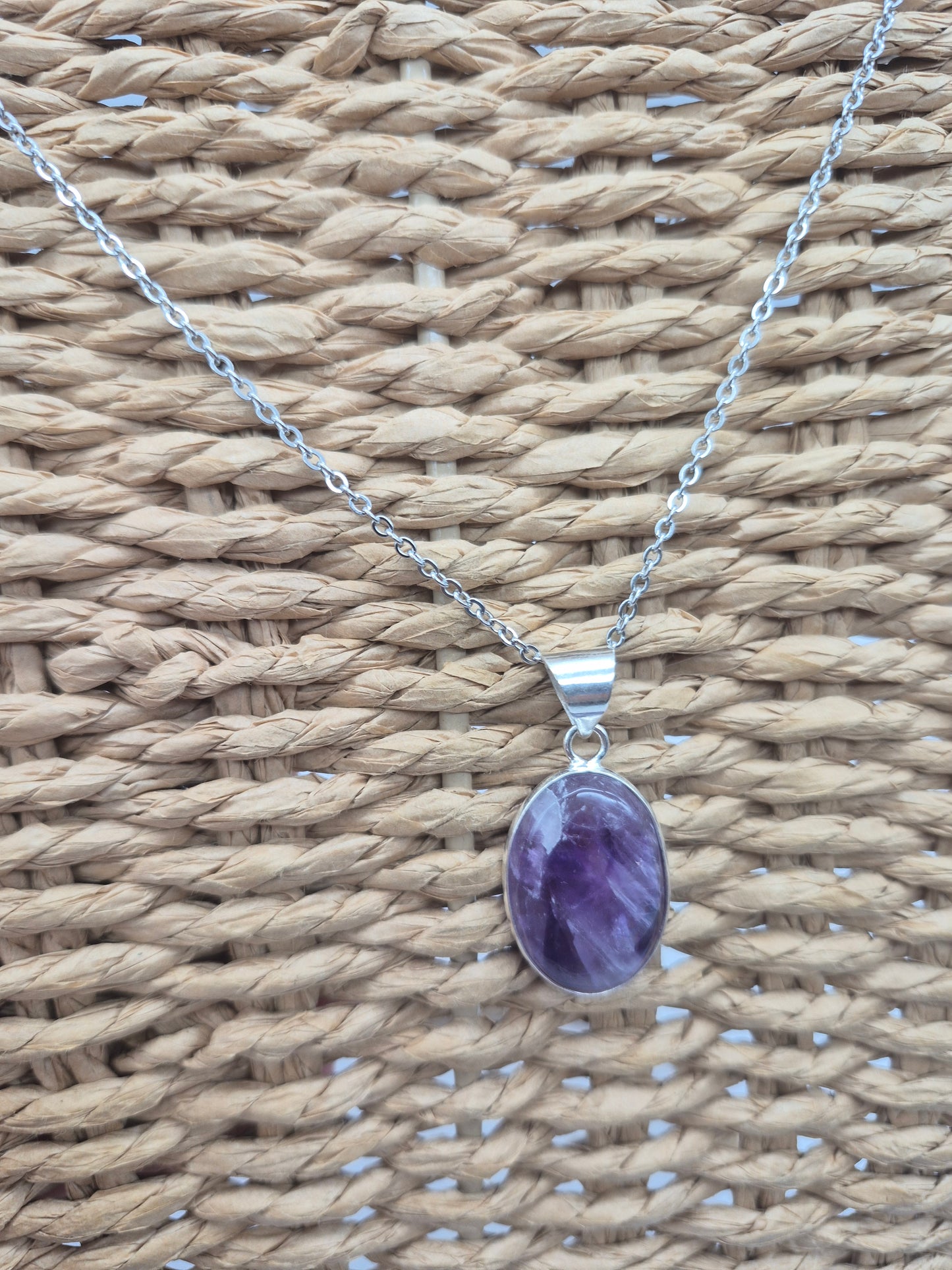 Natural Amethyst Silver Plated Necklace Oval Shaped