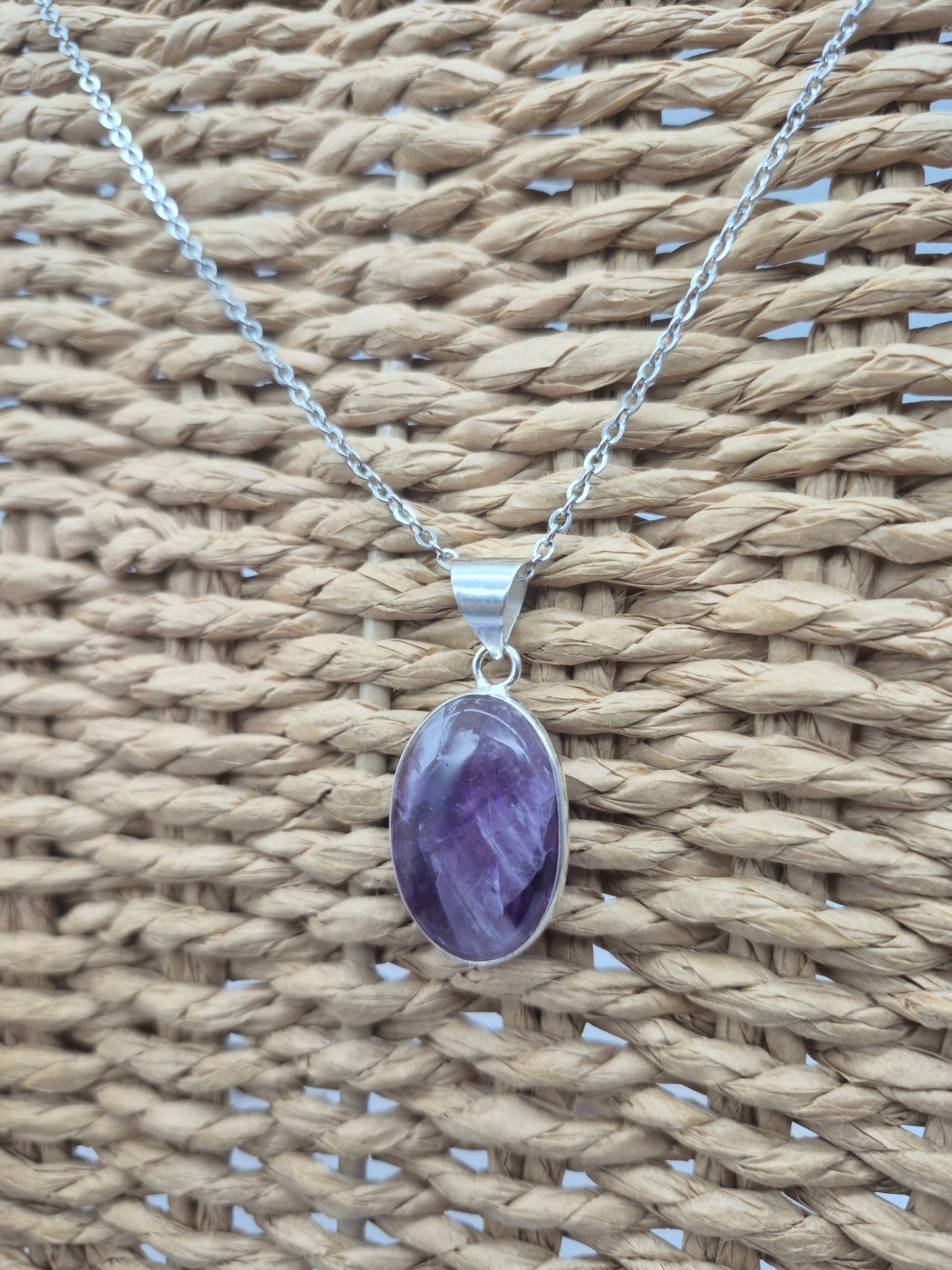 Natural Amethyst Silver Plated Necklace Oval Shaped