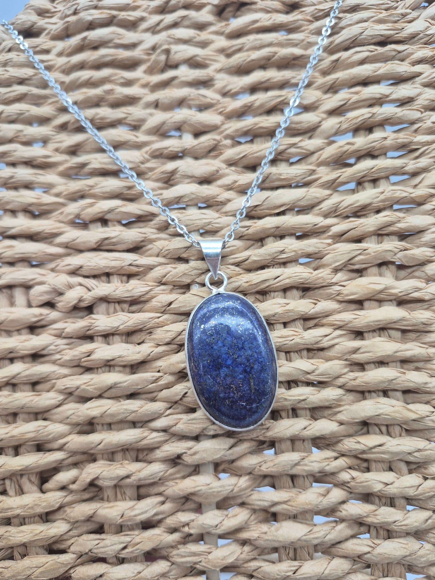 Lapis Lazuli Silver Plated Necklace Oval shaped with Stainless Steel Chain