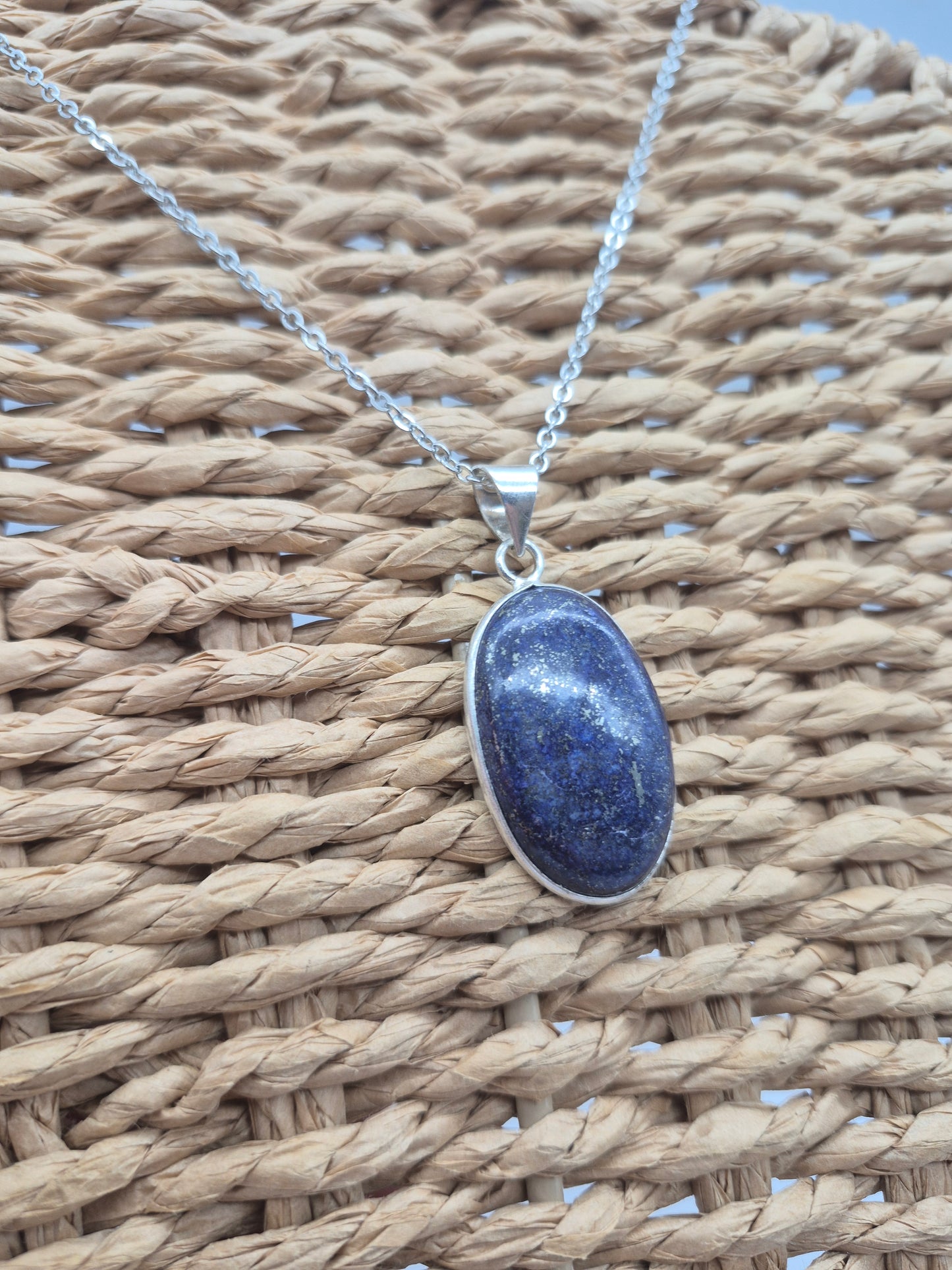 Lapis Lazuli Silver Plated Necklace Oval shaped with Stainless Steel Chain