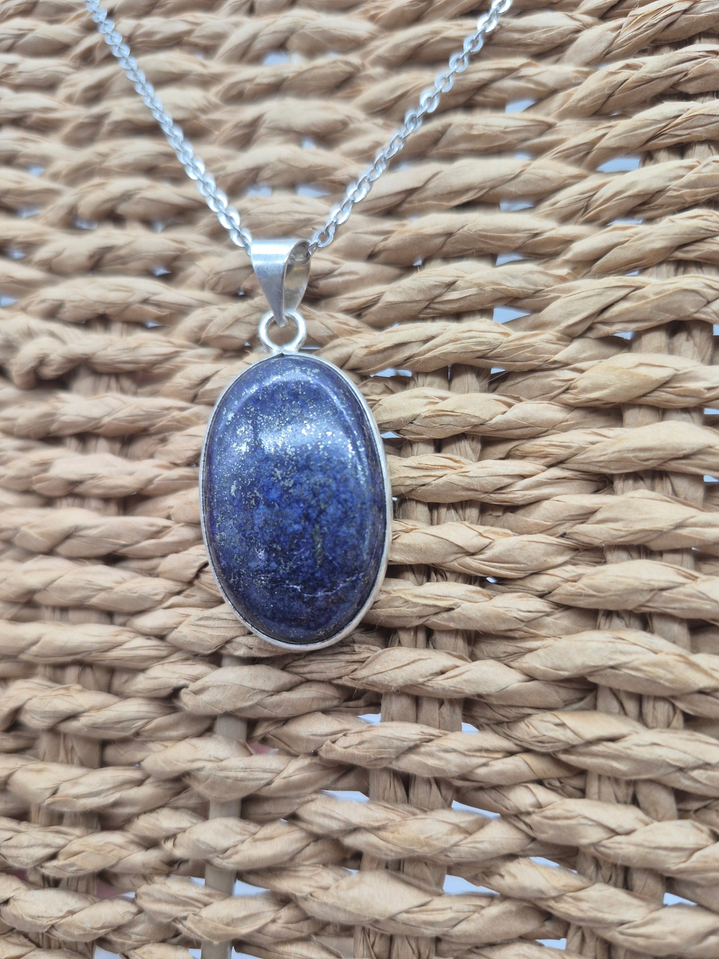 Lapis Lazuli Silver Plated Necklace Oval shaped with Stainless Steel Chain