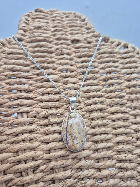 Jasper Oval Shaped Silver -Plated Necklace with Stainless Steel Chain