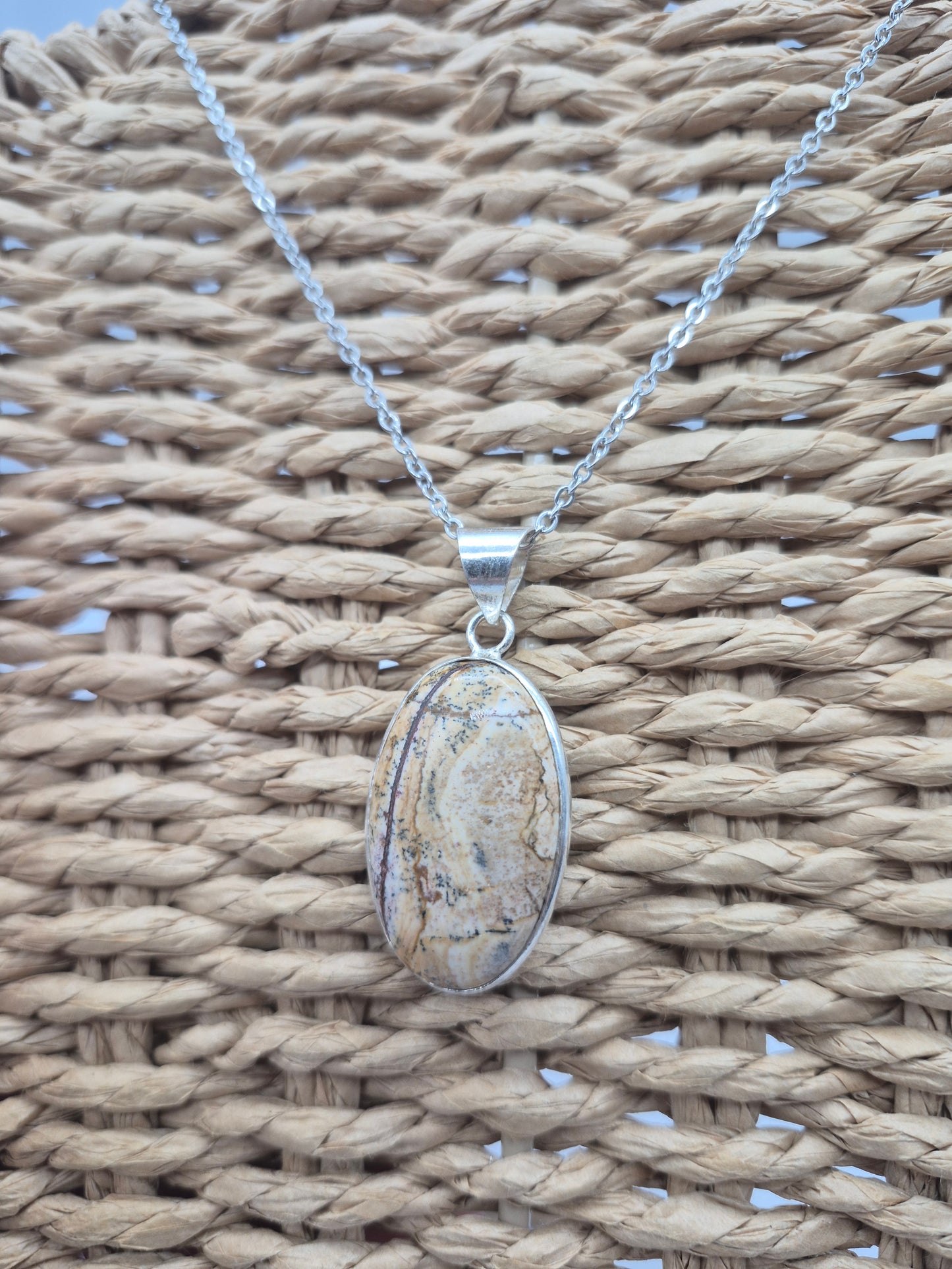 Jasper Oval Shaped Silver -Plated Necklace with Stainless Steel Chain