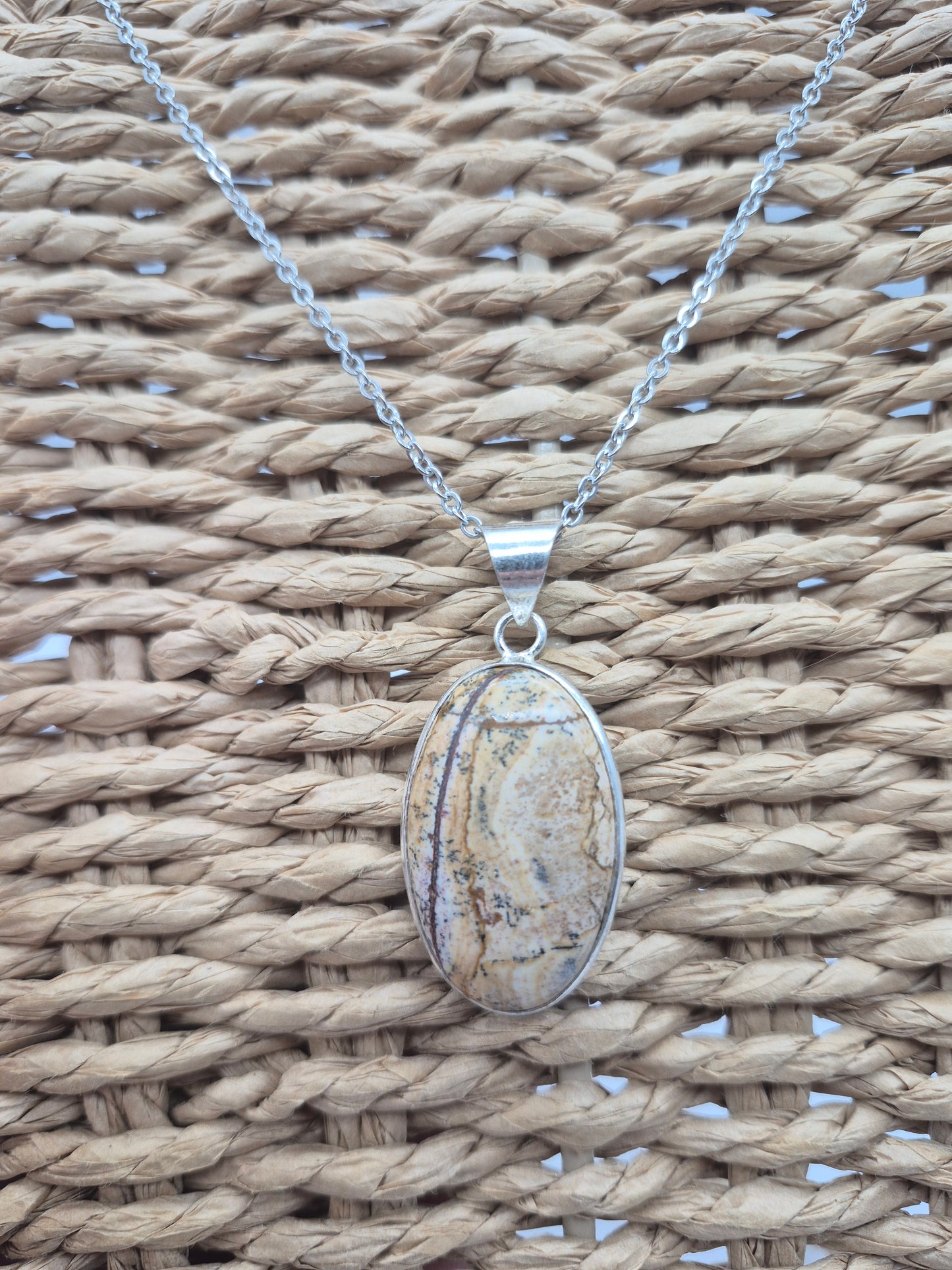 Jasper Oval Shaped Silver -Plated Necklace with Stainless Steel Chain