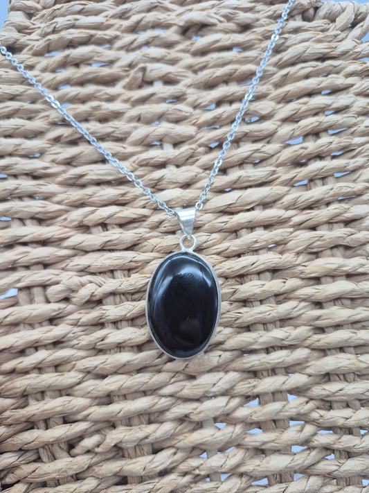 Black Obsidian Crystal Silver Plated Necklace