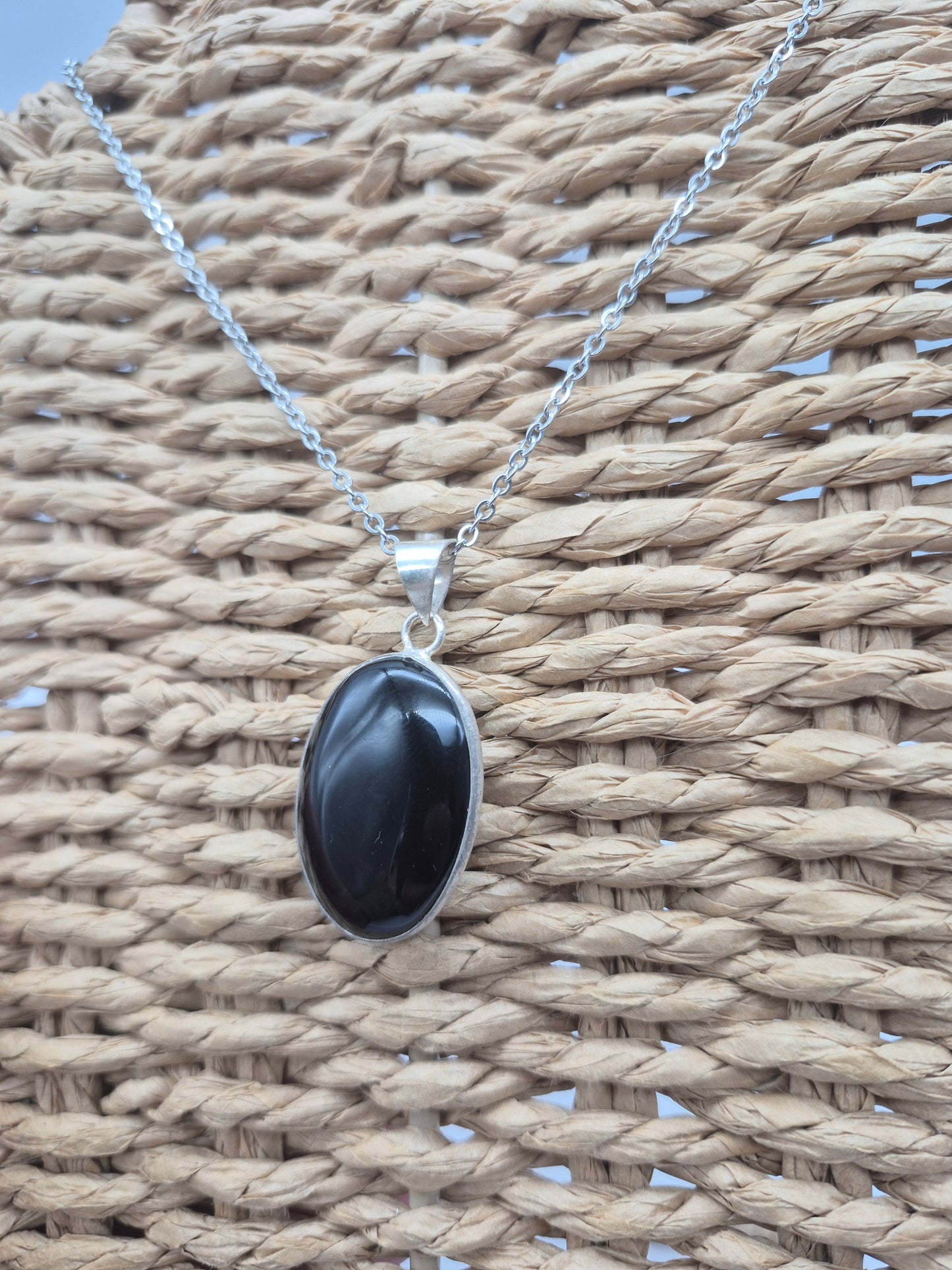 Black Obsidian Crystal Silver Plated Necklace