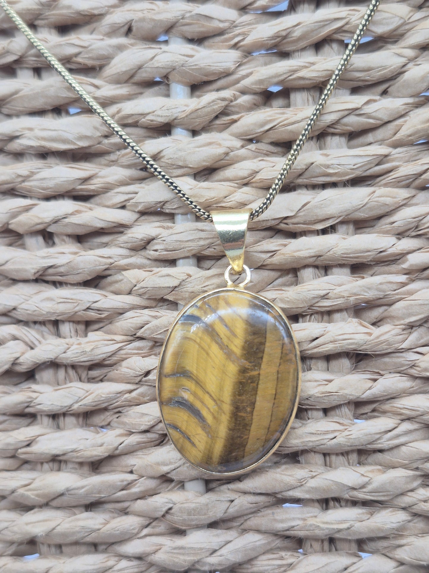 Tiger's Eye Crystal Brass Necklace Oval Shaped