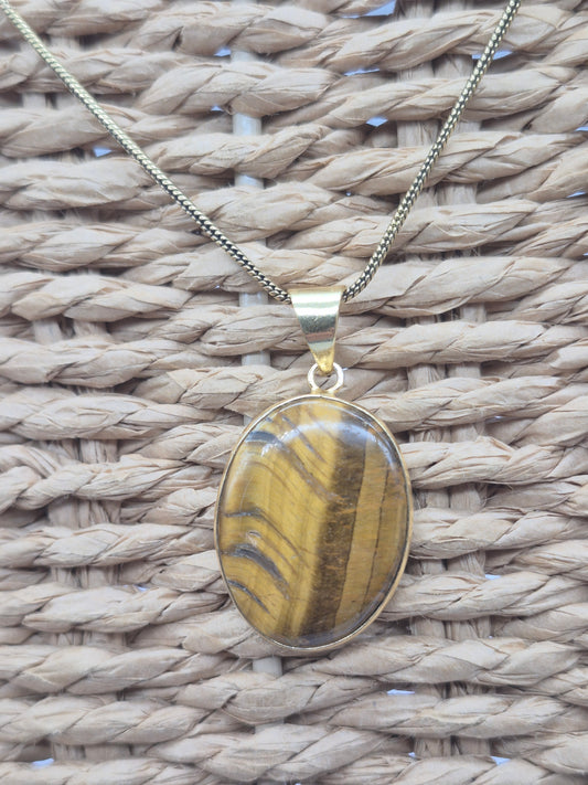 Tiger's Eye Crystal Brass Necklace Oval Shaped