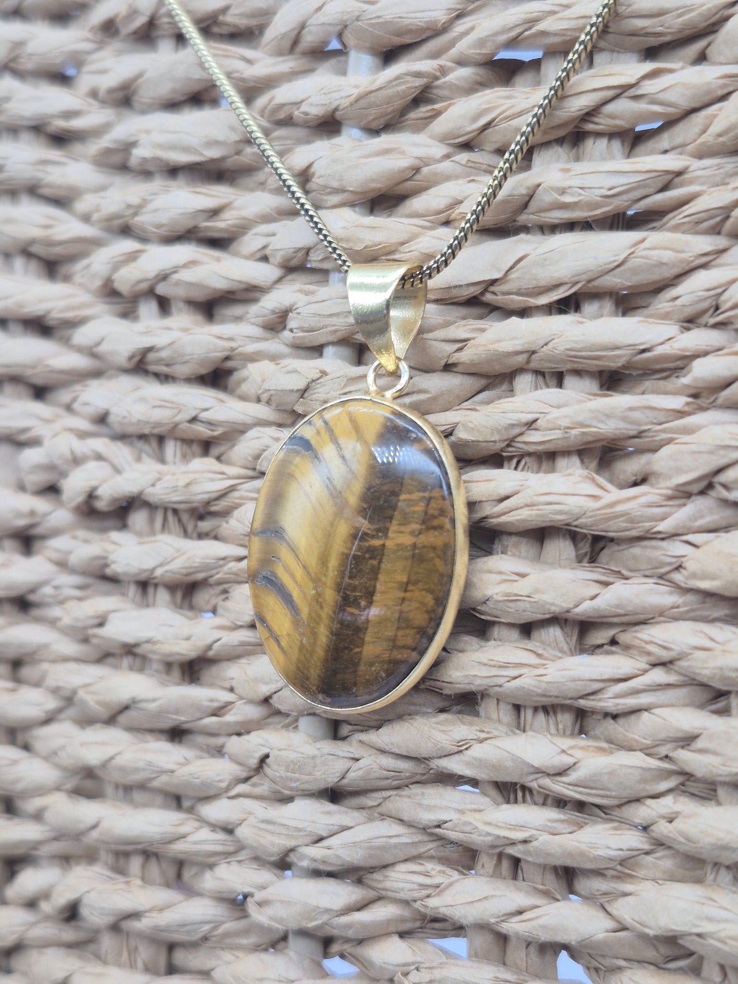 Tiger's Eye Crystal Brass Necklace Oval Shaped
