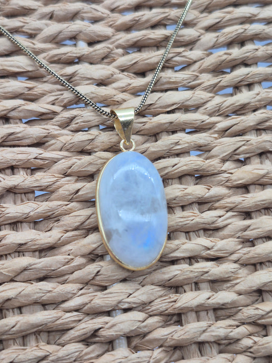 Moonstone Brass Pendant Cabochon Cut Healing Crystal