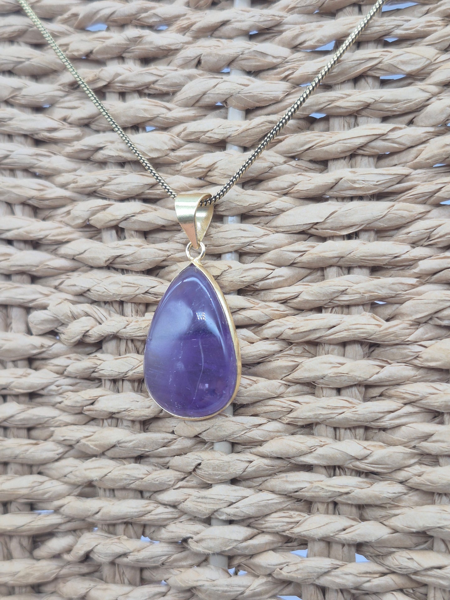 Amethyst Brass Pendant Healing Crystal Tear Shaped