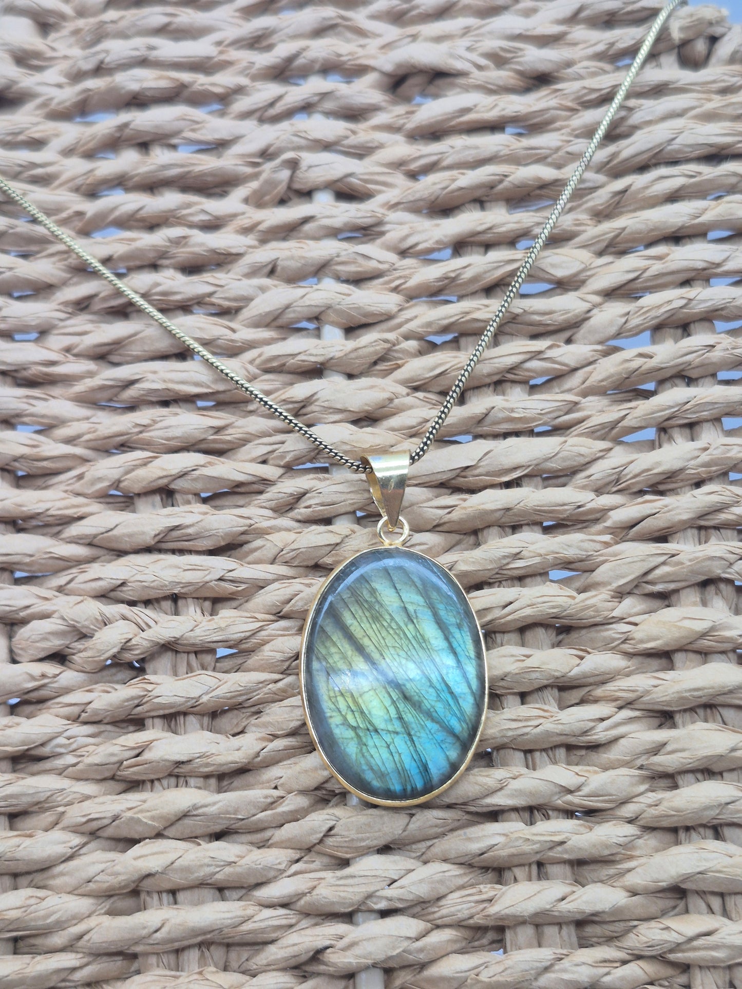 Labradorite Cabochon Brass Necklace - Brass Chain