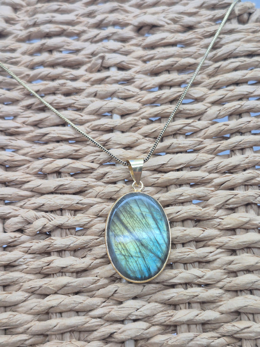Labradorite Cabochon Brass Necklace - Brass Chain