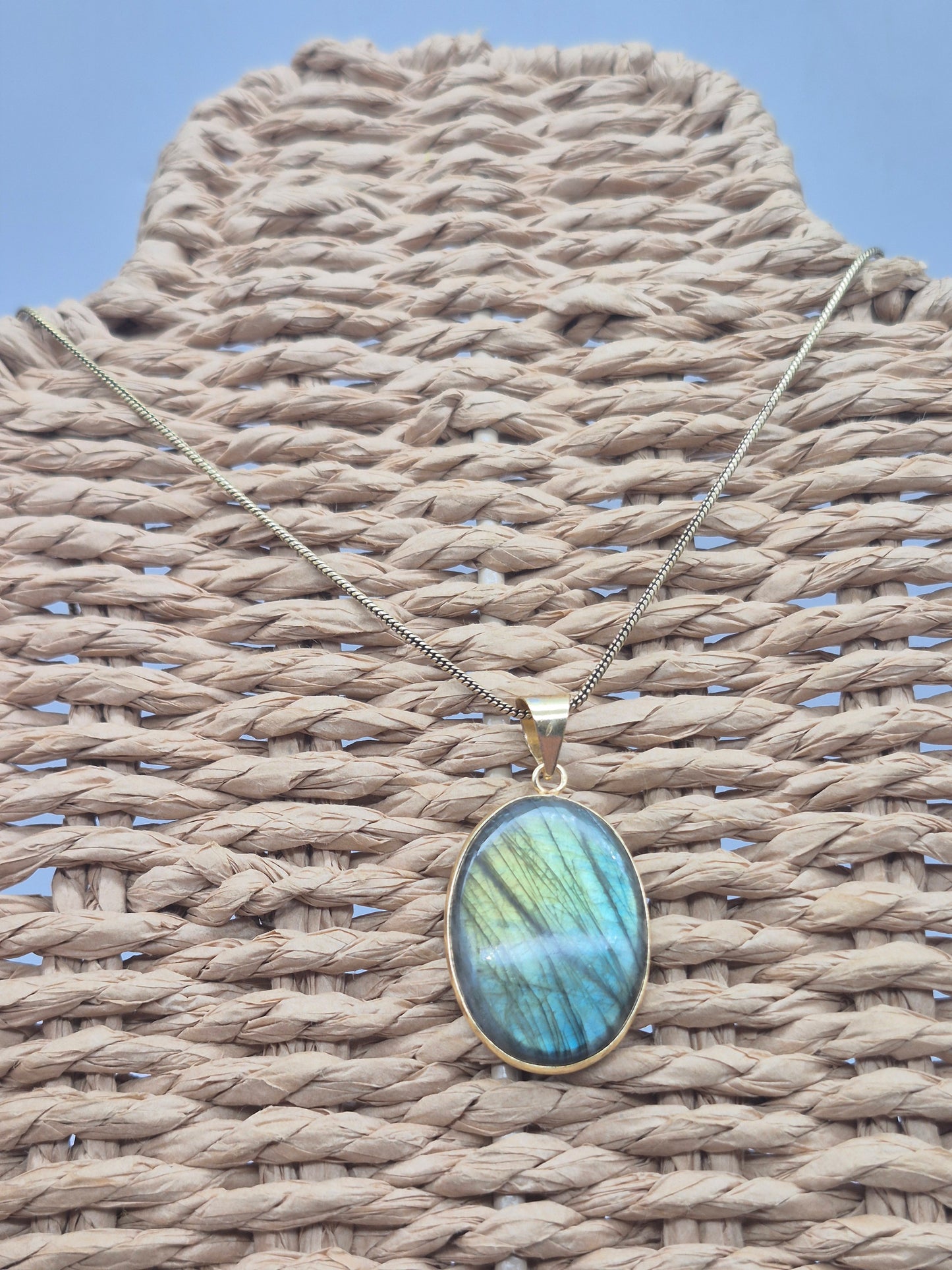 Labradorite Cabochon Brass Necklace - Brass Chain