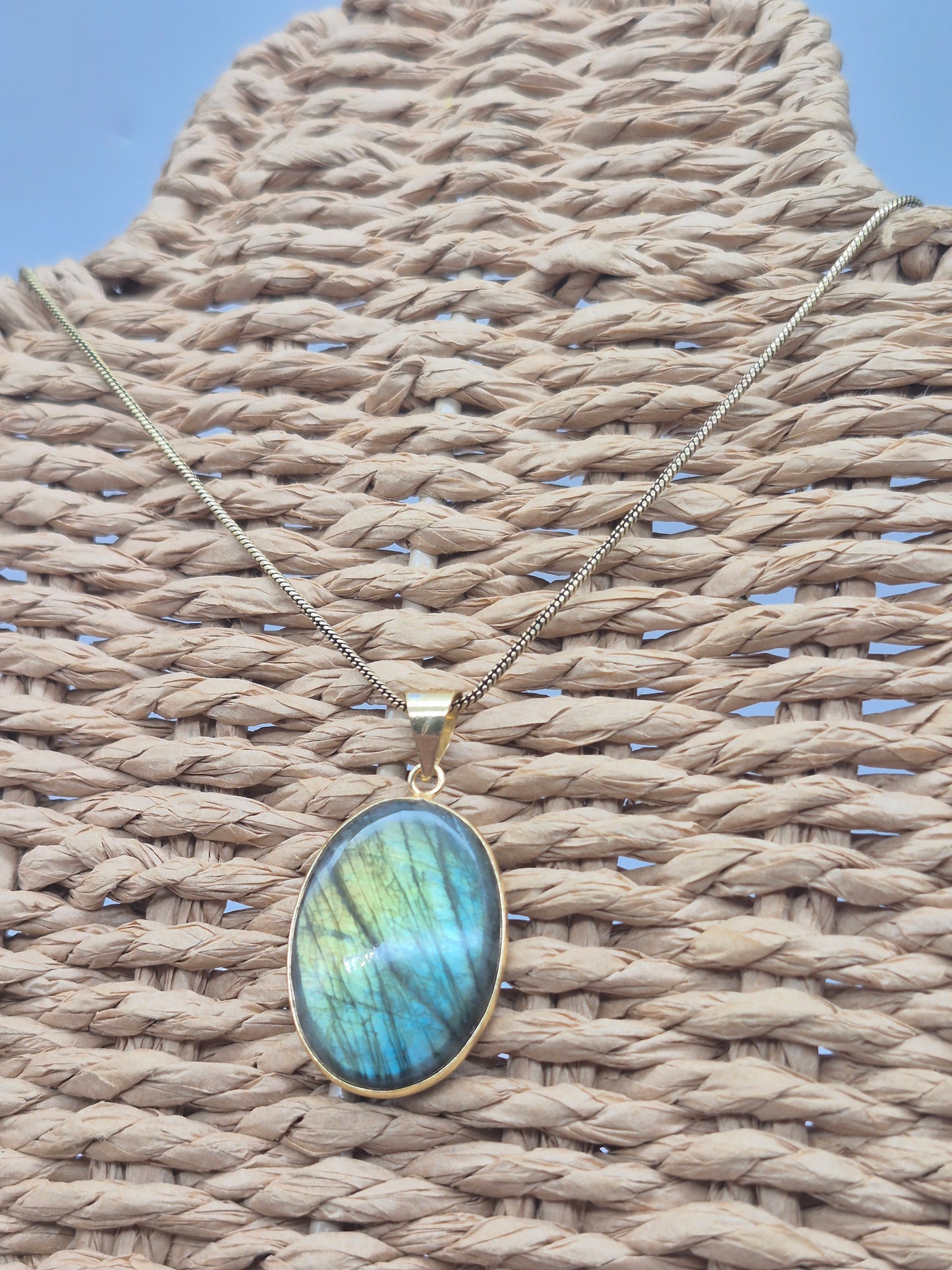Labradorite Cabochon Brass Necklace - Brass Chain