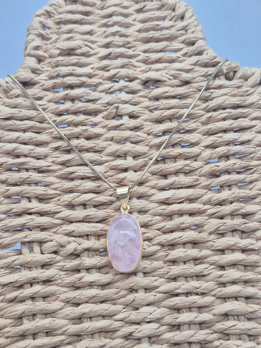 Rose Quartz Cabochon Cut Brass Necklace