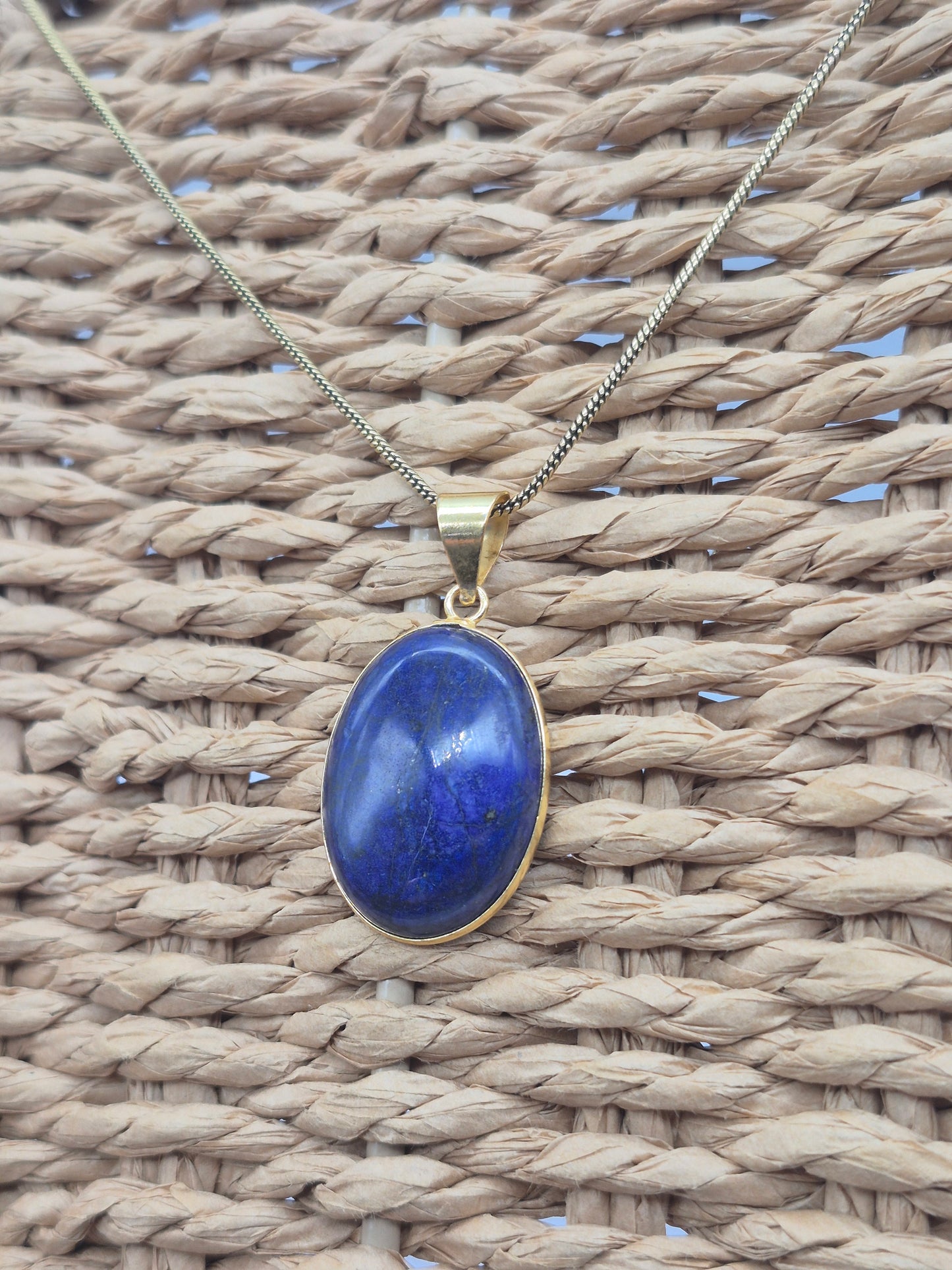 Lapis Lazuli Silver Plated Brass Pendant Cabochon Cut Healing Oval Shaped Crystal