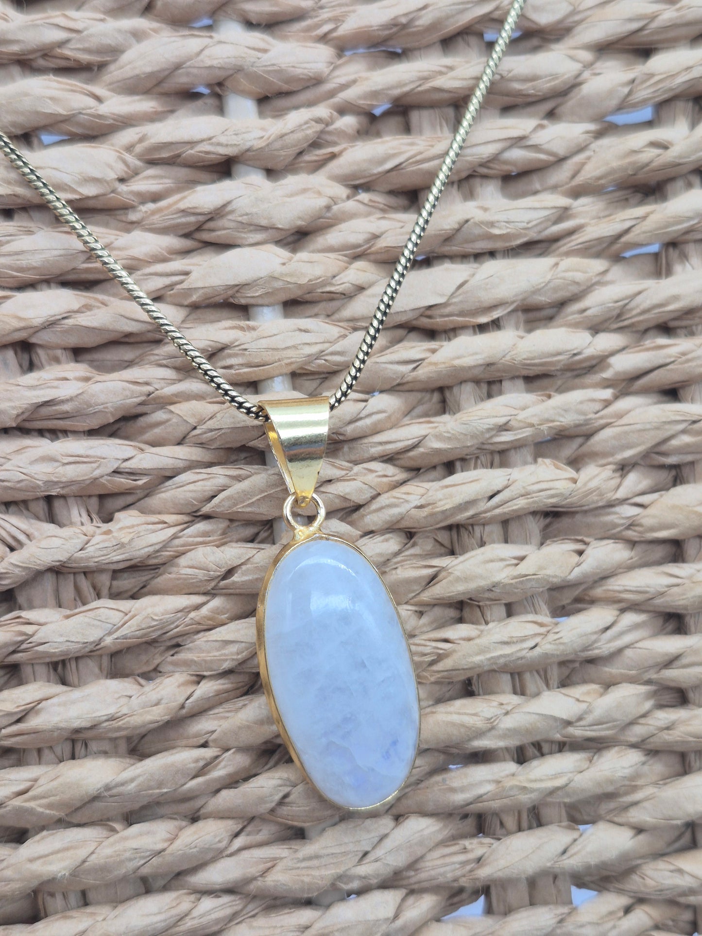 Moonstone Brass Pendant Cabochon Cut Healing Crystal