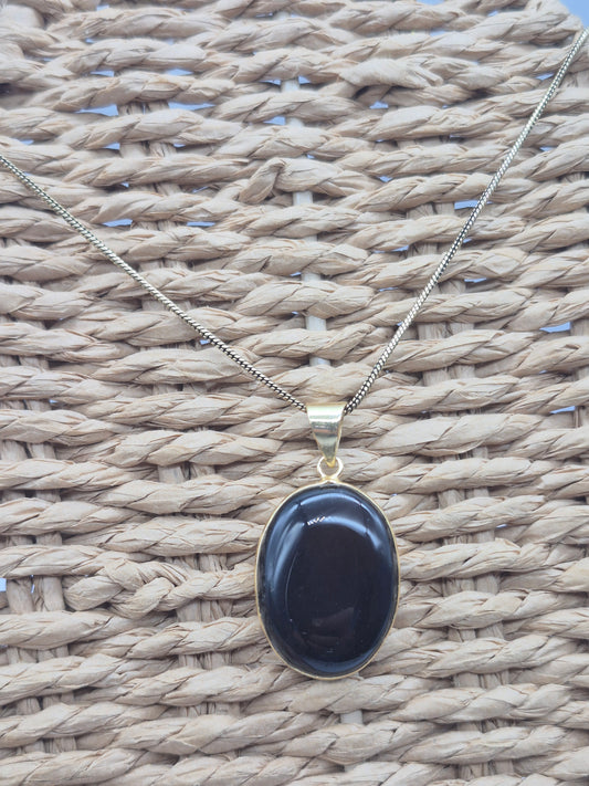 Black Obsidian Brass Pendant Cabochon Cut Healing Crystal