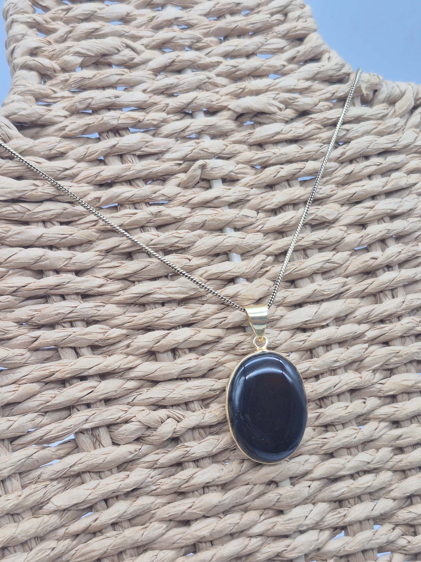 Black Obsidian Brass Pendant Cabochon Cut Healing Crystal