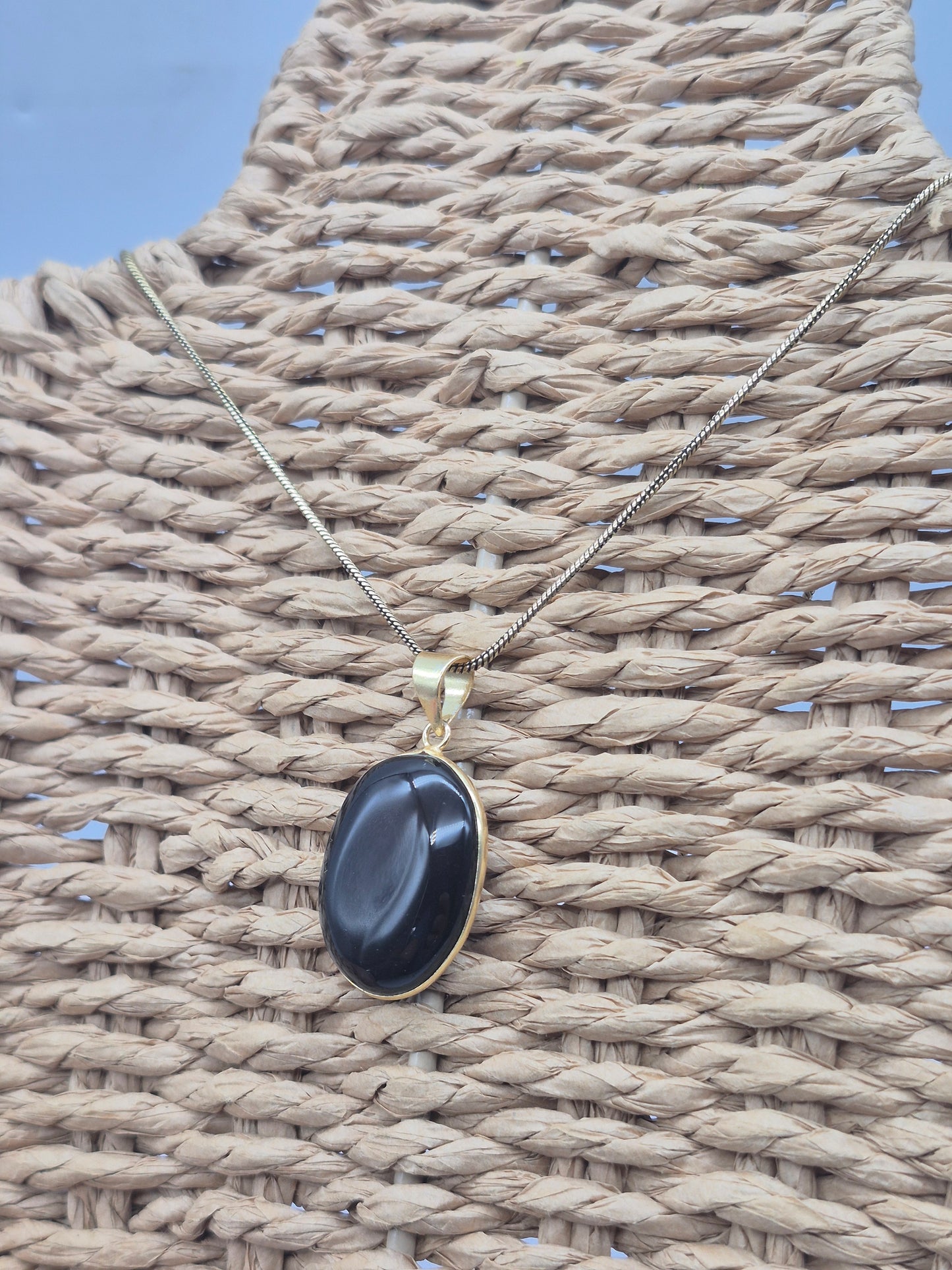 Black Obsidian Brass Pendant Cabochon Cut Healing Crystal