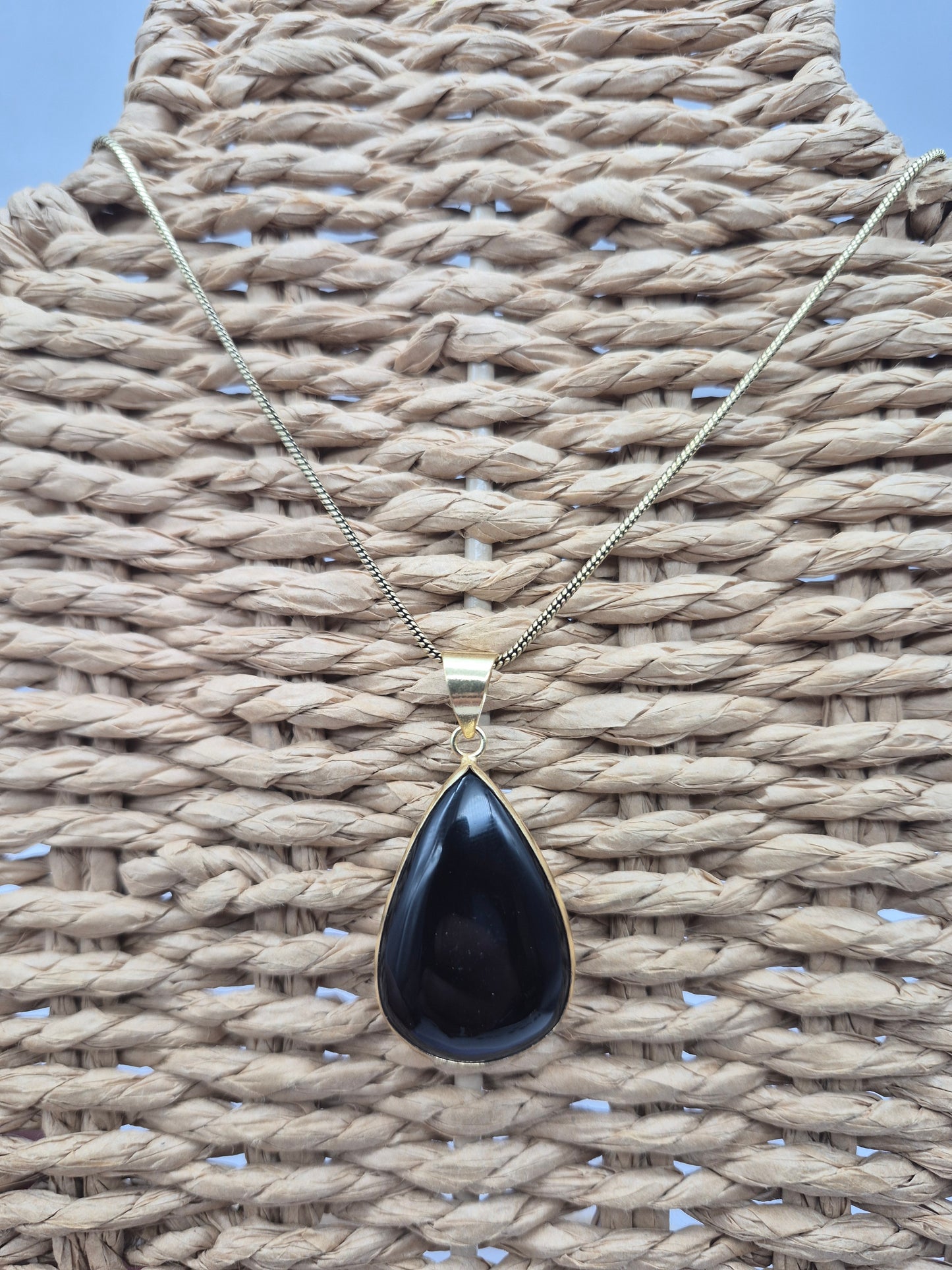 Black Obsidian Brass Pendant Cabochon Cut Tear Shaped Healing Crystal