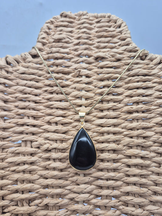 Black Obsidian Brass Pendant Cabochon Cut Tear Shaped Healing Crystal